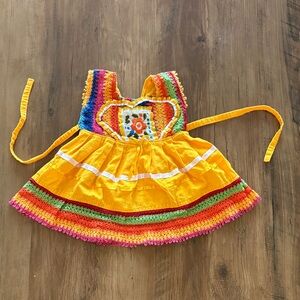 Bright Yellow Crochet-Trimmed Baby Dress with Multicolor Accents